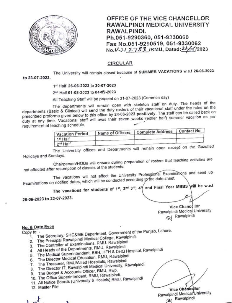 [Notification] Circular ( SUMMER VACATIONS )