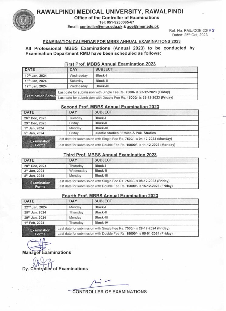 Revised Examination Calendar for MBBS Annual Examination 2023